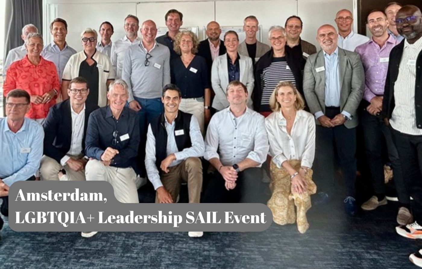Group photo of senior LGBTQ+ leaders at the LGBTQIA+ Leadership event in Amsterdam, 2025