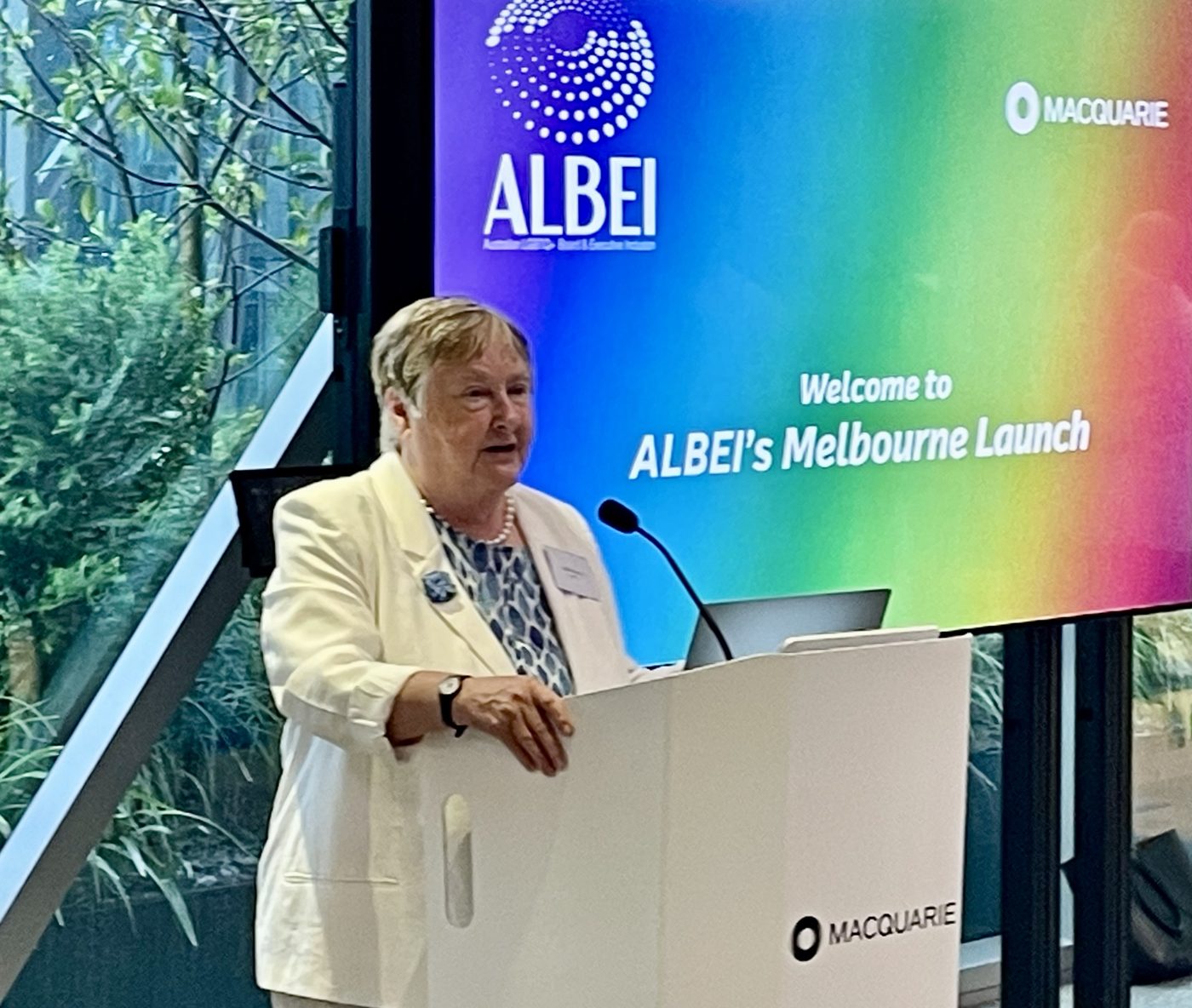 Jude Munro AO speaking at ALBEI's Melbourne launch, hosted by Macquarie