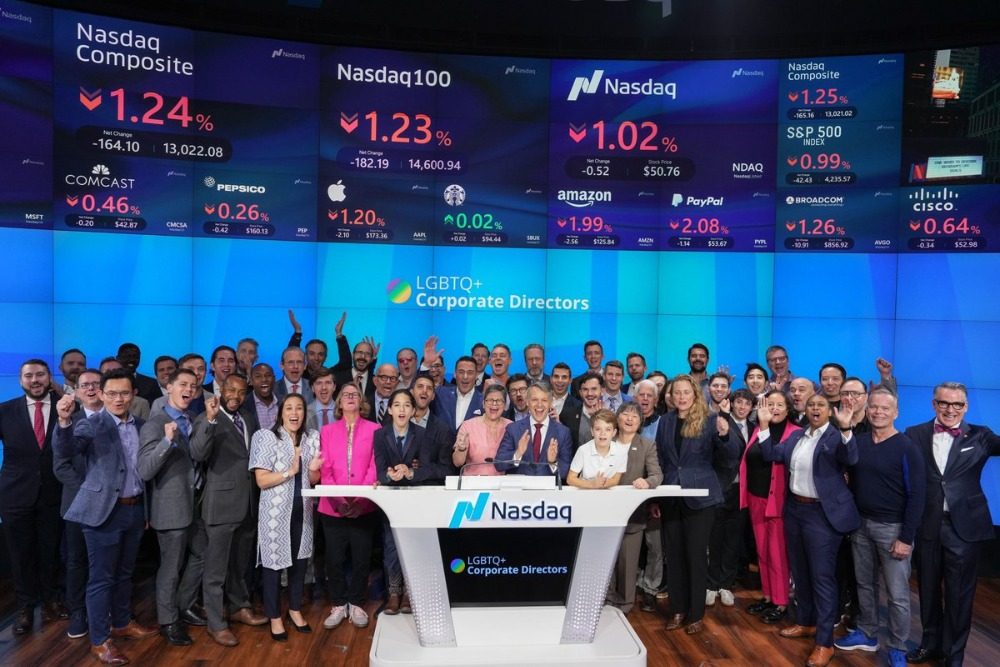 LGBTQ+ corporate directors gathered at the Nasdaq closing bell in New York